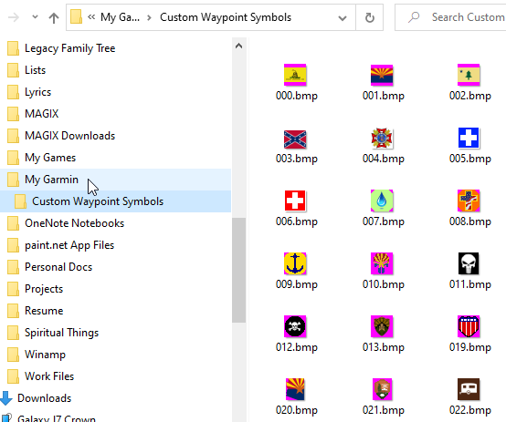 File Explorer's Documents/My Garmin/Custom Waypoint Symbols folder