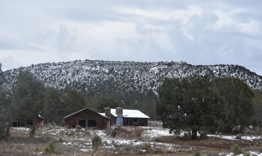 Seneca Lake Arizona-wide angle view of several abandoned cabins.